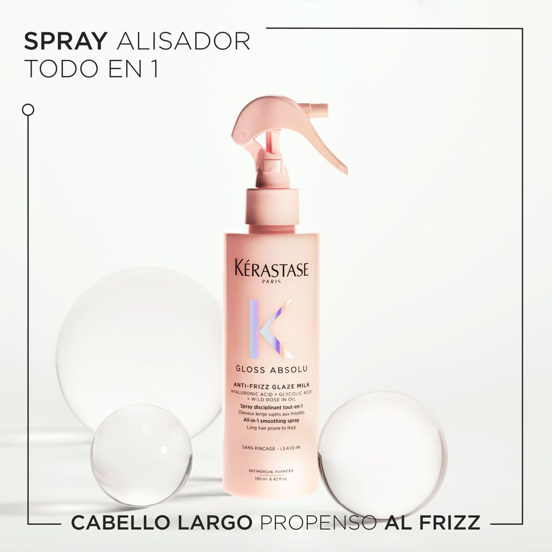 SPRAY  GLOSS ABSOLU ANTI-FRIZZ GLAZE MILK 190ML  Kérastase es un spray suavizante todo en uno para cabello largo con tendencia al encrespamiento.