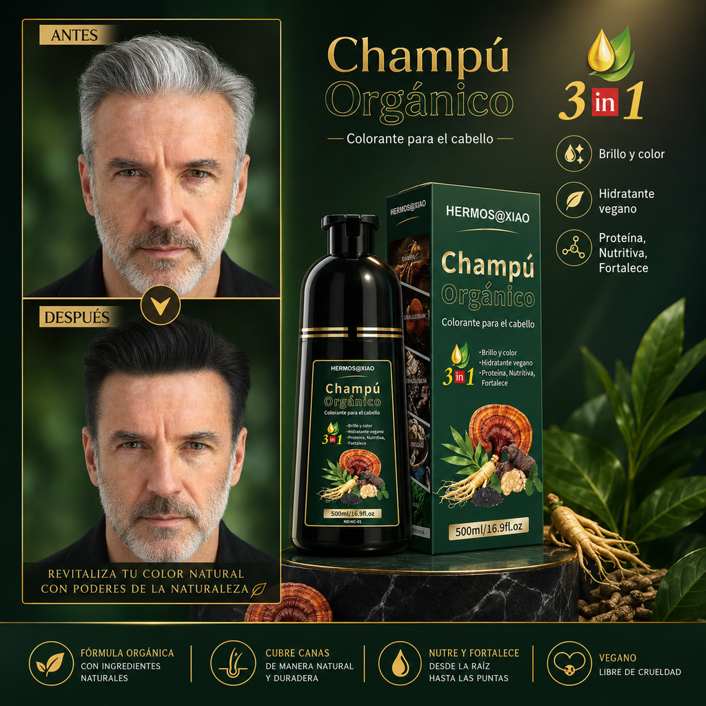 Champú Orgánico Colorante 3 en 1 HERMOSA – Cubre Canas, Aporta Color Natural y Brillo