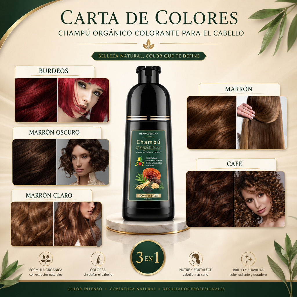 Champú Orgánico Colorante 3 en 1 HERMOSA – Cubre Canas, Aporta Color Natural y Brillo