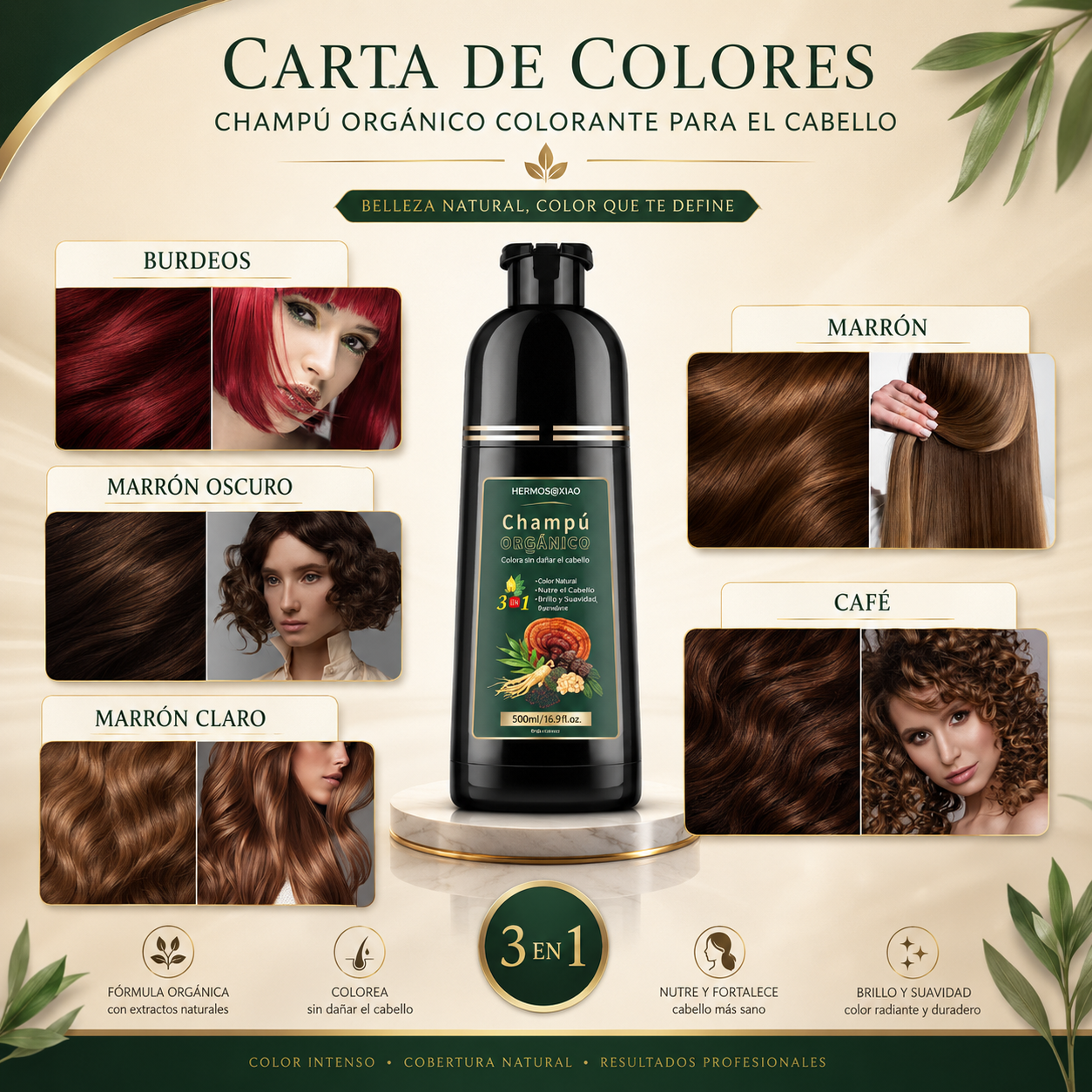 Champú Orgánico Colorante 3 en 1 HERMOSA – Cubre Canas, Aporta Color Natural y Brillo