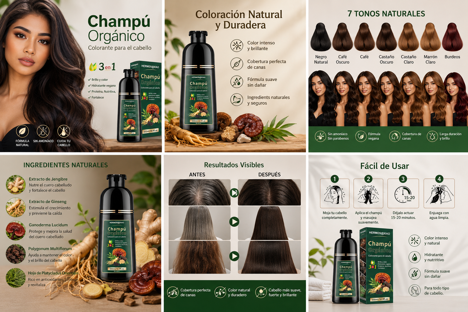 Champú Orgánico Colorante 3 en 1 HERMOSA – Cubre Canas, Aporta Color Natural y Brillo