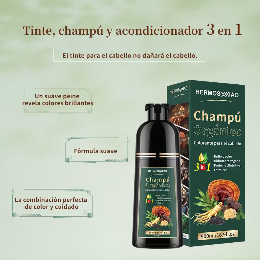 Champú Orgánico Colorante 3 en 1 HERMOSA – Cubre Canas, Aporta Color Natural y Brillo