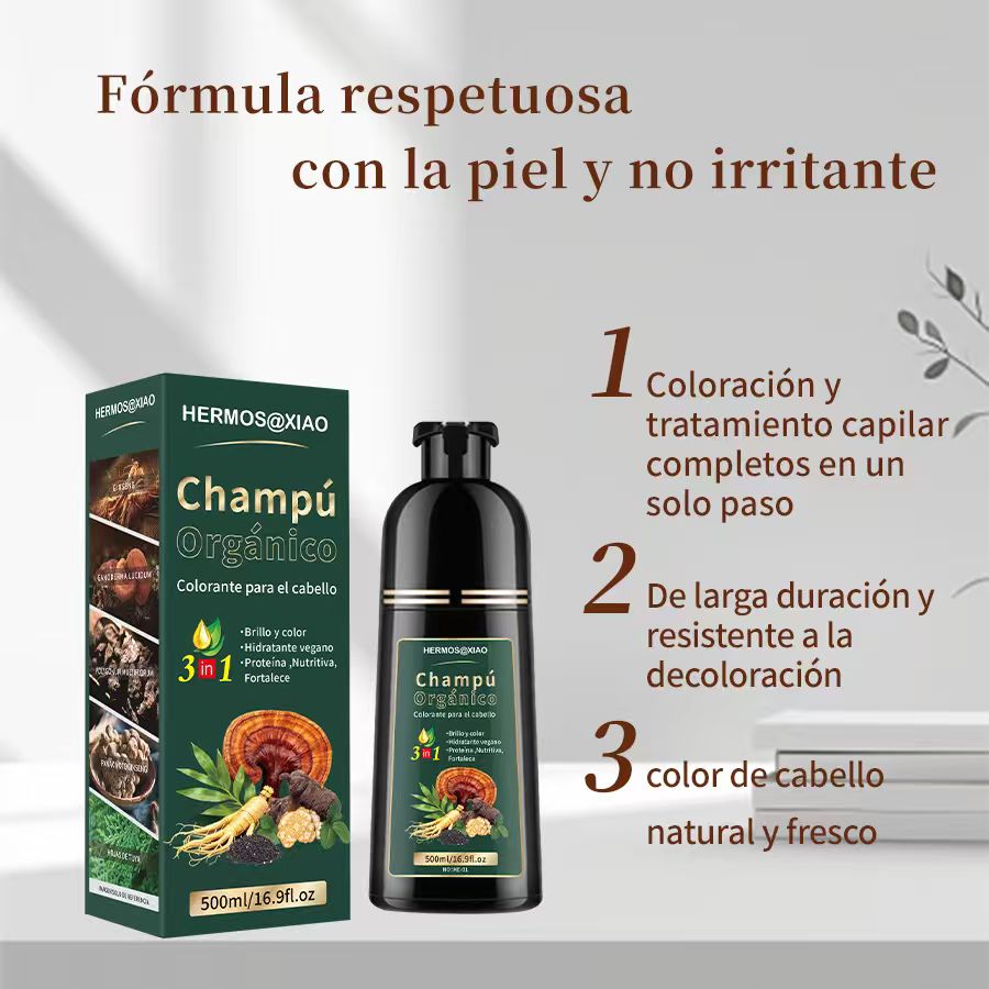 Champú Orgánico Colorante 3 en 1 HERMOSA – Cubre Canas, Aporta Color Natural y Brillo