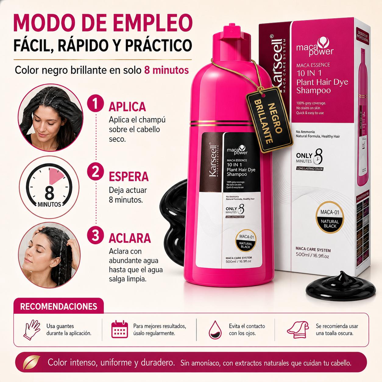 KARSEELL Champú Tinte Negro Natural 500 ml