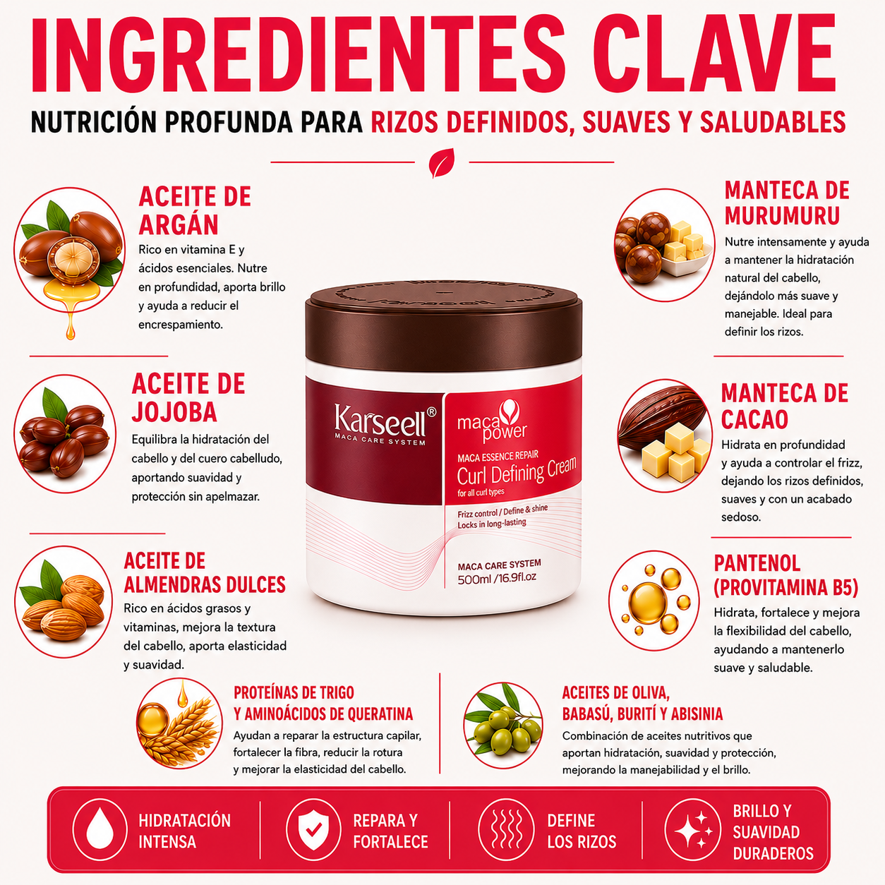 KARSEELL Crema Definidora de Rizos, Hidratante, Fijación Flexible 500 ml