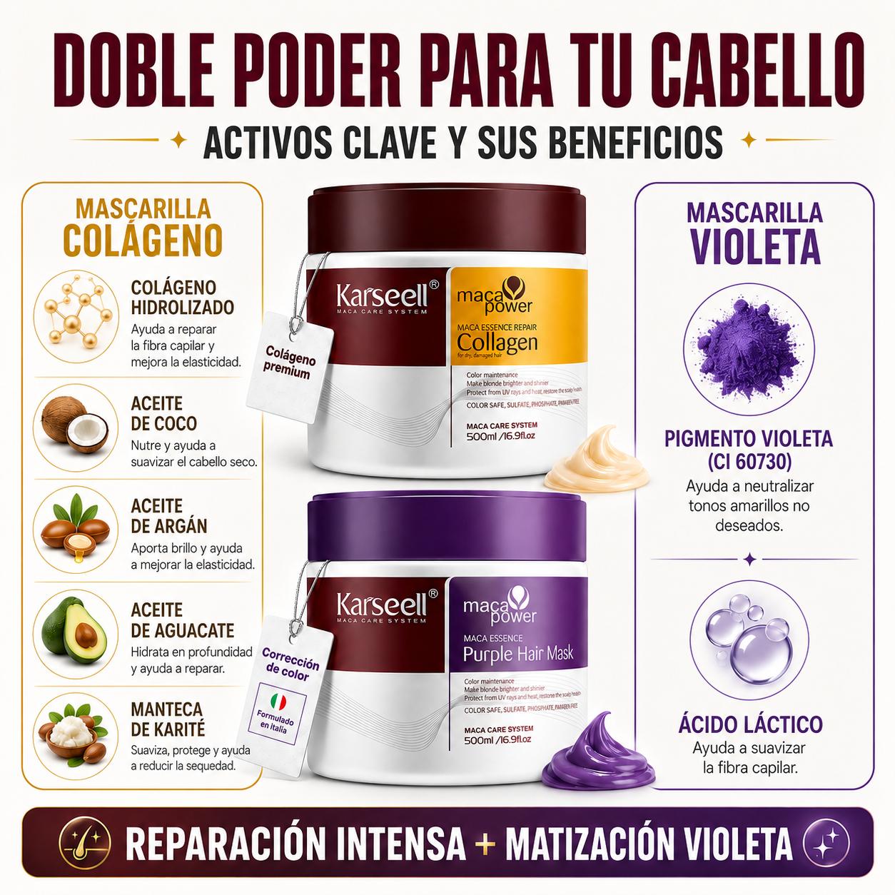 KARSEELL Pack Mascarilla Capilar de Colágeno 500 ml + Mascarilla Violeta Matizadora 500 ml