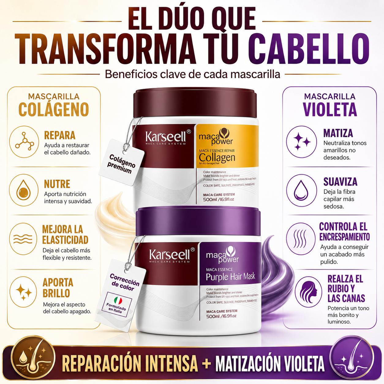 KARSEELL Pack Mascarilla Capilar de Colágeno 500 ml + Mascarilla Violeta Matizadora 500 ml