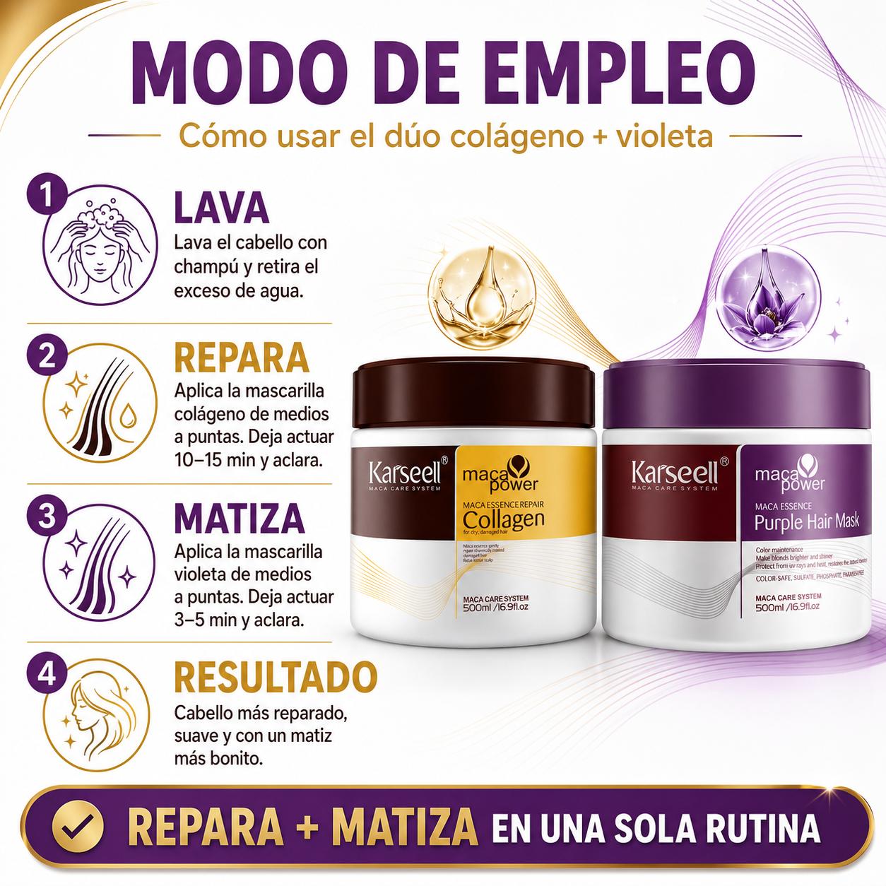 KARSEELL Pack Mascarilla Capilar de Colágeno 500 ml + Mascarilla Violeta Matizadora 500 ml