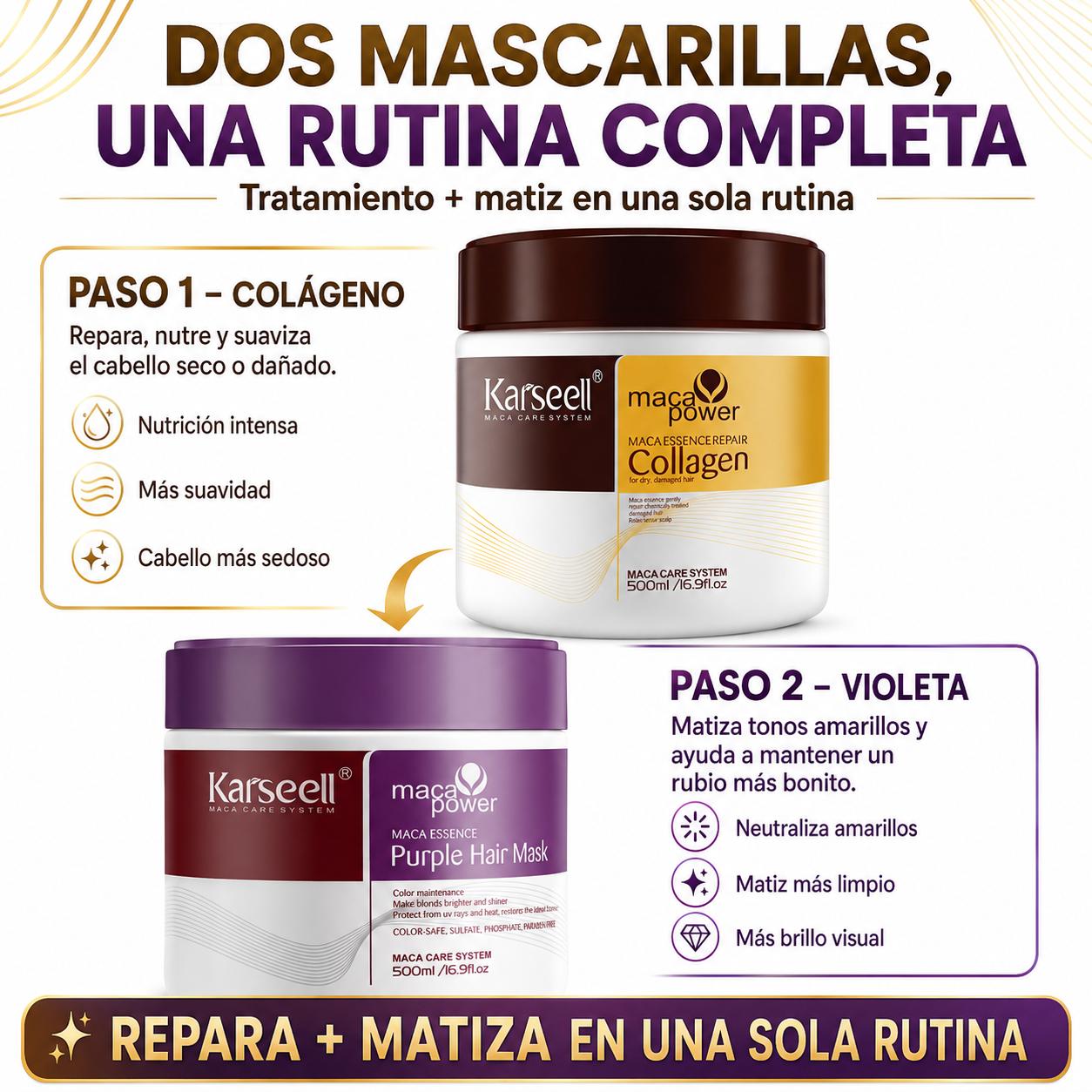 KARSEELL Pack Mascarilla Capilar de Colágeno 500 ml + Mascarilla Violeta Matizadora 500 ml