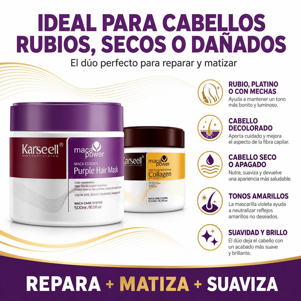 KARSEELL Pack Mascarilla Capilar de Colágeno 500 ml + Mascarilla Violeta Matizadora 500 ml