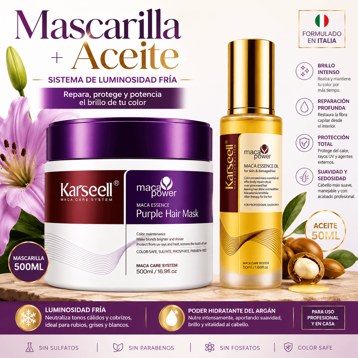KARSEELL Pack Mascarilla Capilar Violeta Matizadora 500 ml + Sérum de Aceite de Argán 50 ml