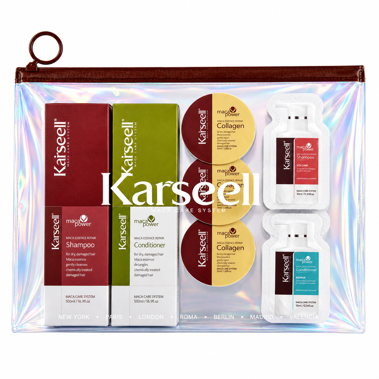 KARSEELL Neceser de Viaje Playa con 3 Mascarillas de Colágeno Monodosis 12 ml, 1 Champú Maca 30 ml, 1 Acondicionador Maca 30 ml, 2 Sobres de Champú Voluminizador 10 ml y 2 Sobres de Acondicionador Reparador 10 ml