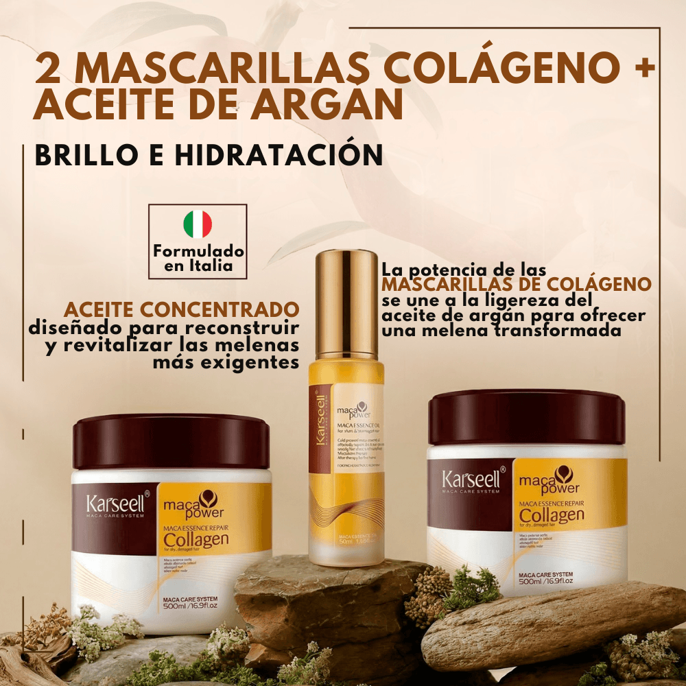 KARSEELL Pack de 3 - 2 Mascarilla Capilar Profesional de Colágeno 500 ml + 1 Sérum de Aceite de Argán 50 ml