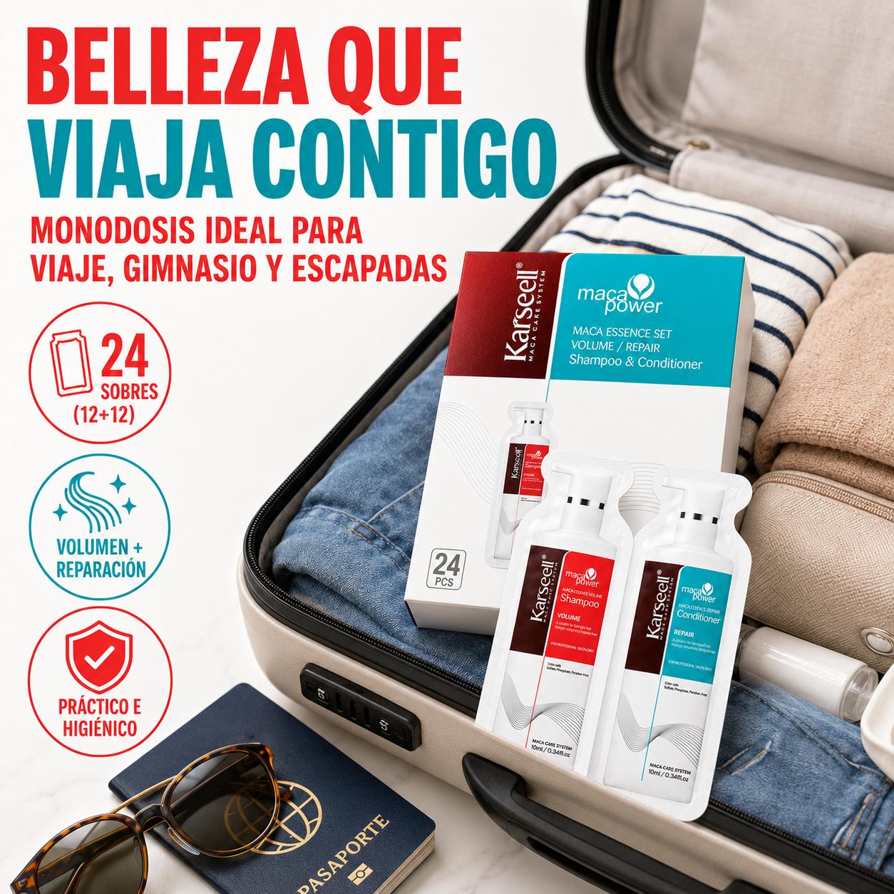 KARSEELL Pack 24 Dúos Champú Voluminizador y Acondicionador Reparador Monodosis 10 ml