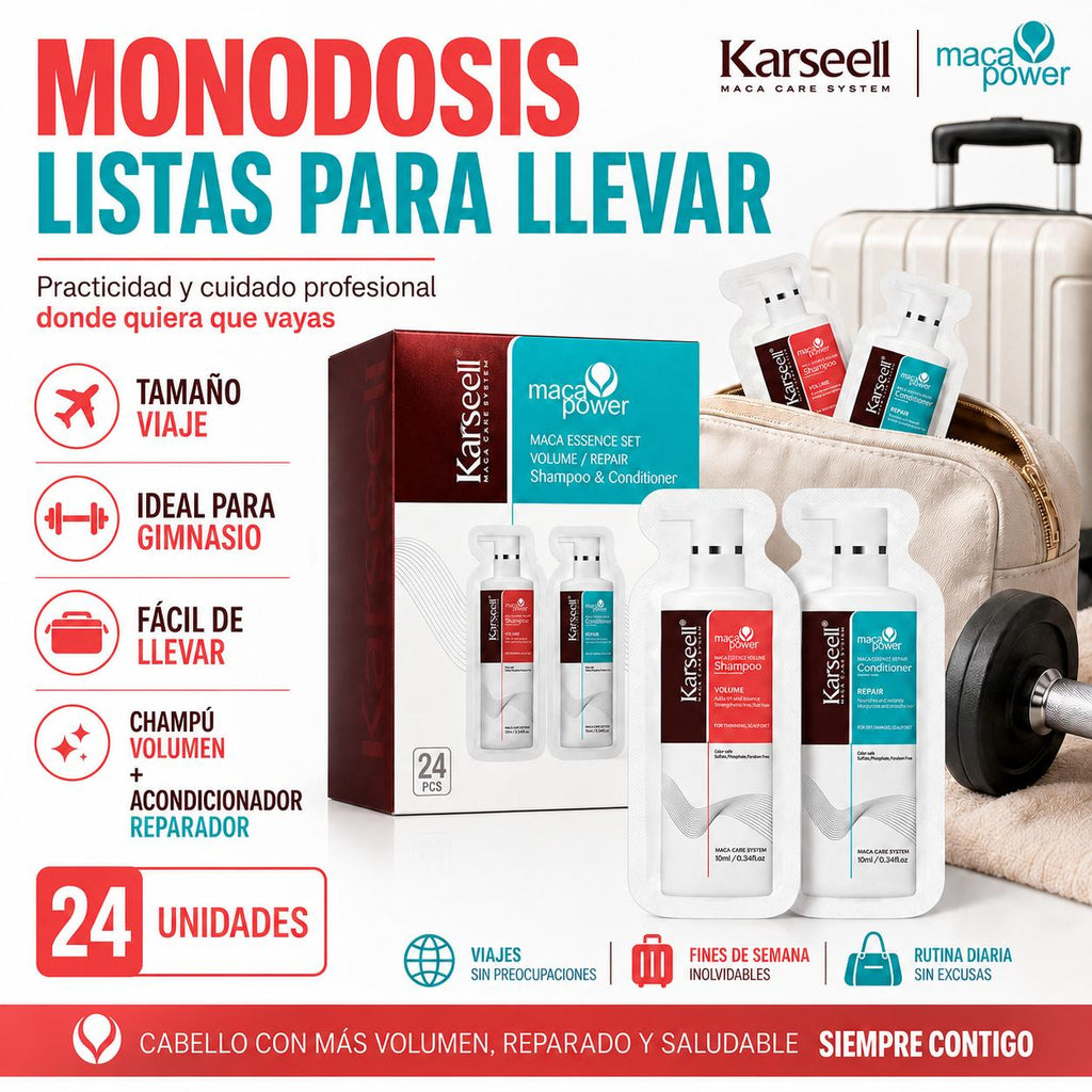 KARSEELL Pack 24 Dúos Champú Voluminizador y Acondicionador Reparador Monodosis 10 ml