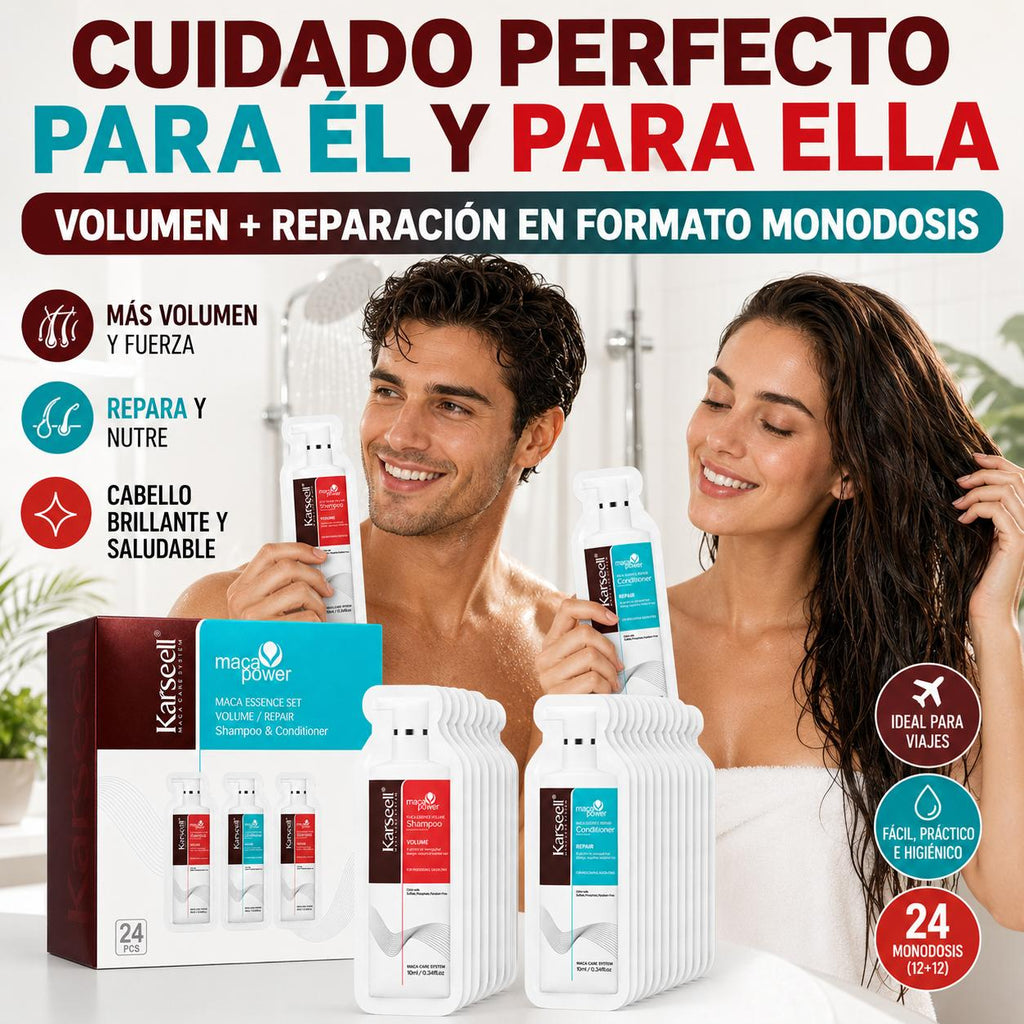KARSEELL Pack 24 Dúos Champú Voluminizador y Acondicionador Reparador Monodosis 10 ml