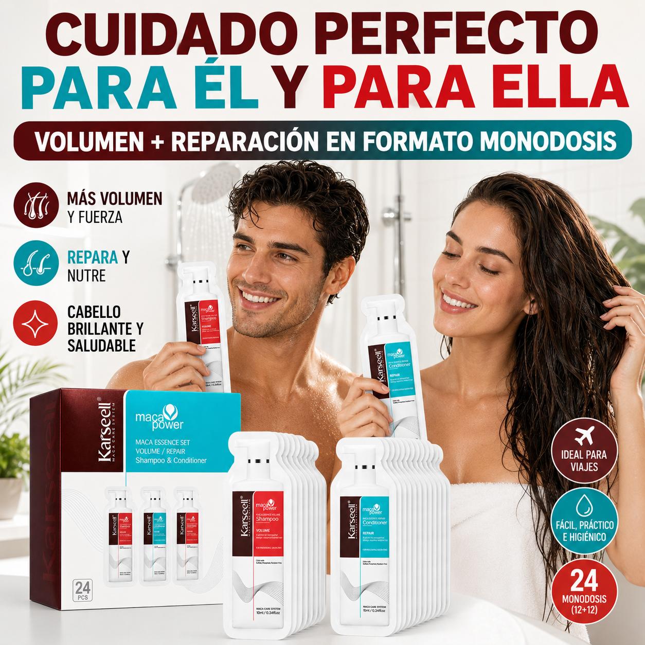 KARSEELL Pack 24 Dúos Champú Voluminizador y Acondicionador Reparador Monodosis 10 ml