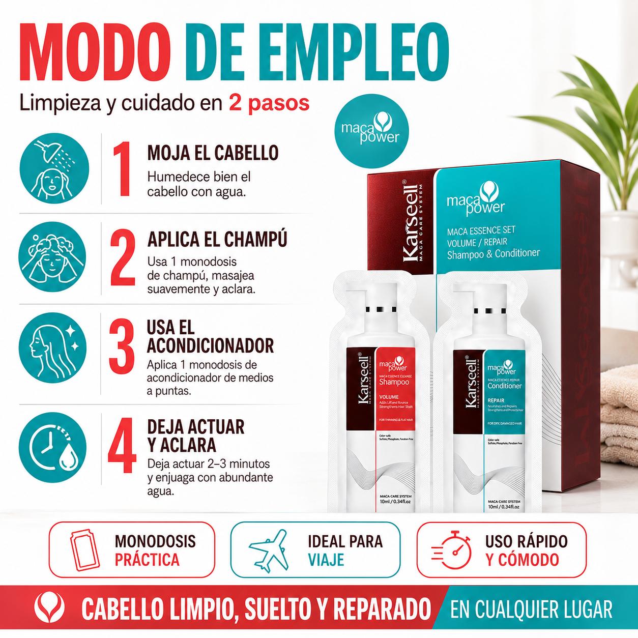 KARSEELL Pack 24 Dúos Champú Voluminizador y Acondicionador Reparador Monodosis 10 ml