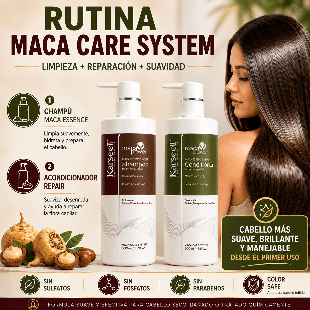 KARSEELL Pack Champú Hidratante Maca 500 ml + Acondicionador Reparador Maca 500 ml