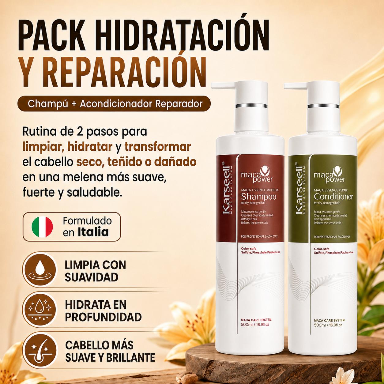 KARSEELL Pack Champú Hidratante Maca 500 ml + Acondicionador Reparador Maca 500 ml