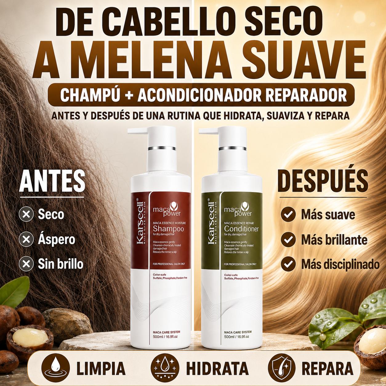 KARSEELL Pack Champú Hidratante Maca 500 ml + Acondicionador Reparador Maca 500 ml