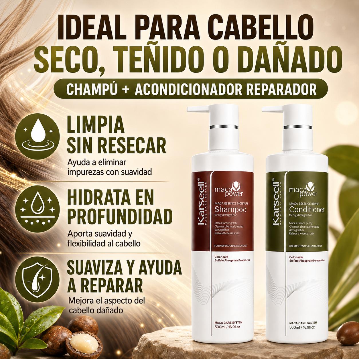 KARSEELL Pack Champú Hidratante Maca 500 ml + Acondicionador Reparador Maca 500 ml
