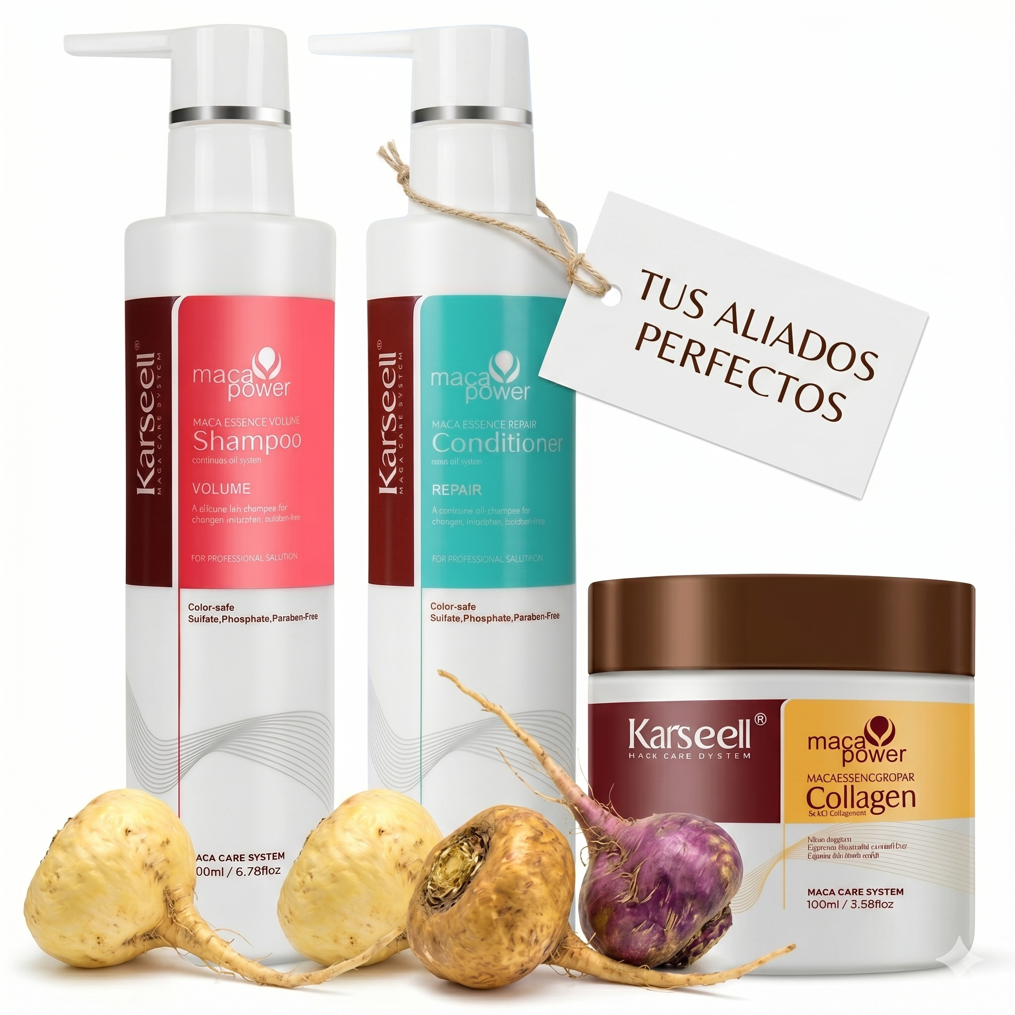 KARSEELL Pack Mascarilla Capilar Colágeno 100 ml + Champú Voluminizador 200 ml + Acondicionador Reparador 200 ml