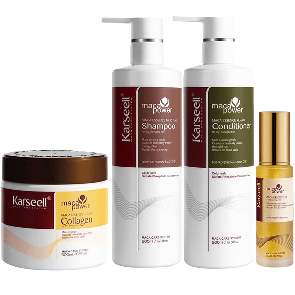 KARSEELL Pack Mascarilla Capilar de Colágeno 500 ml + Sérum de Aceite de Argán 50 ml + Champú Maca 500 ml + Acondicionador Reparador 500 ml