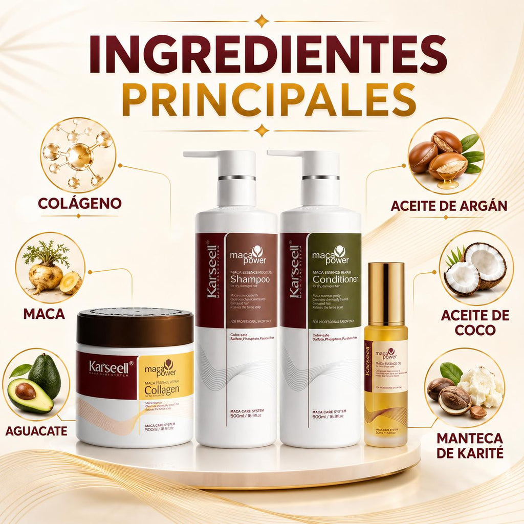 KARSEELL Pack Mascarilla Capilar de Colágeno 500 ml + Sérum de Aceite de Argán 50 ml + Champú Maca 500 ml + Acondicionador Reparador 500 ml