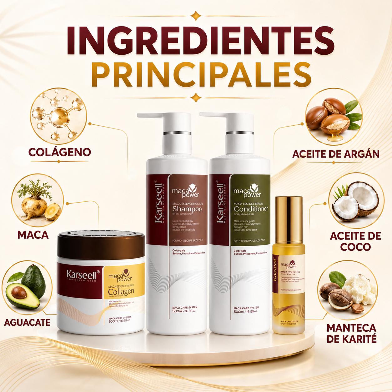 KARSEELL Pack Mascarilla Capilar de Colágeno 500 ml + Sérum de Aceite de Argán 50 ml + Champú Maca 500 ml + Acondicionador Reparador 500 ml