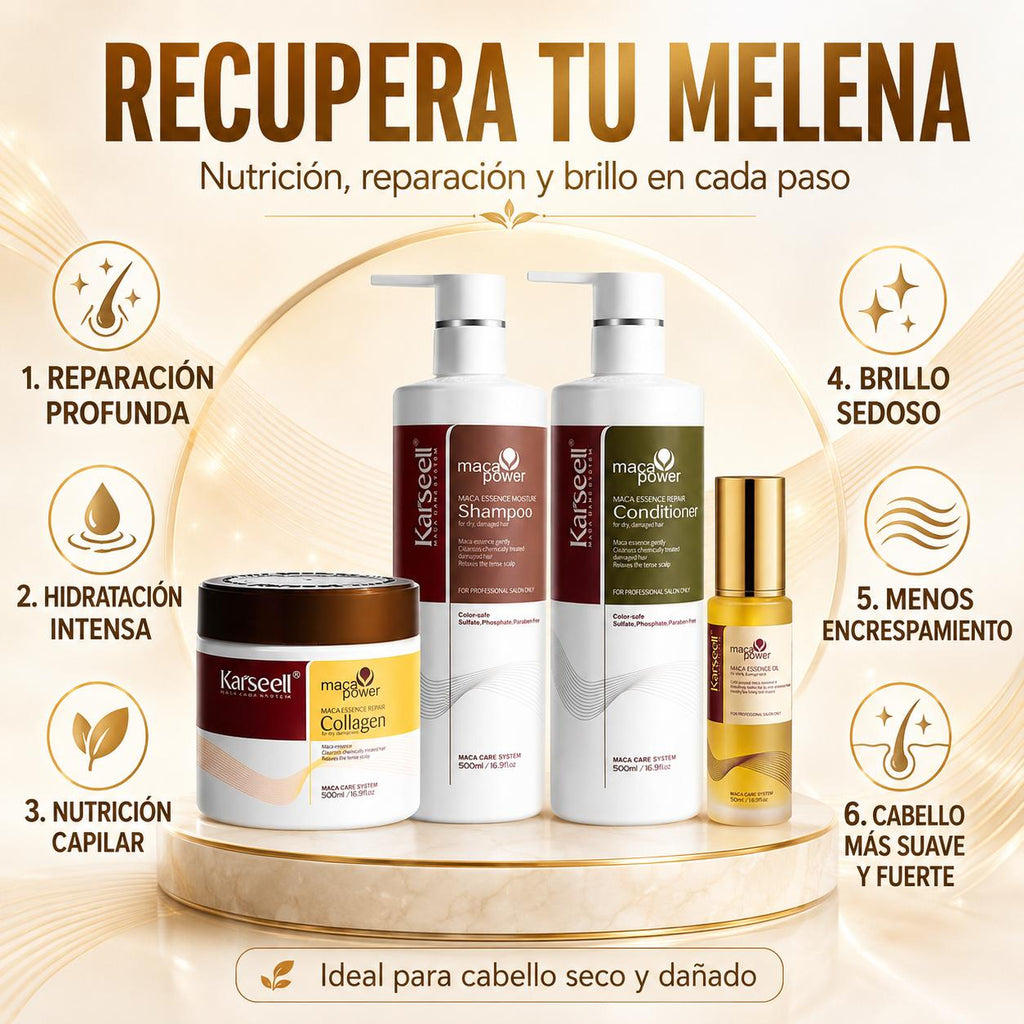 KARSEELL Pack Mascarilla Capilar de Colágeno 500 ml + Sérum de Aceite de Argán 50 ml + Champú Maca 500 ml + Acondicionador Reparador 500 ml