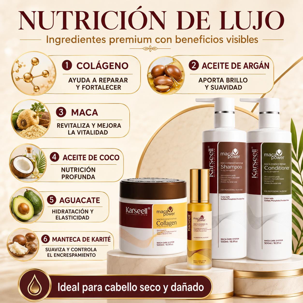 KARSEELL Pack Mascarilla Capilar de Colágeno 500 ml + Sérum de Aceite de Argán 50 ml + Champú Maca 500 ml + Acondicionador Reparador 500 ml