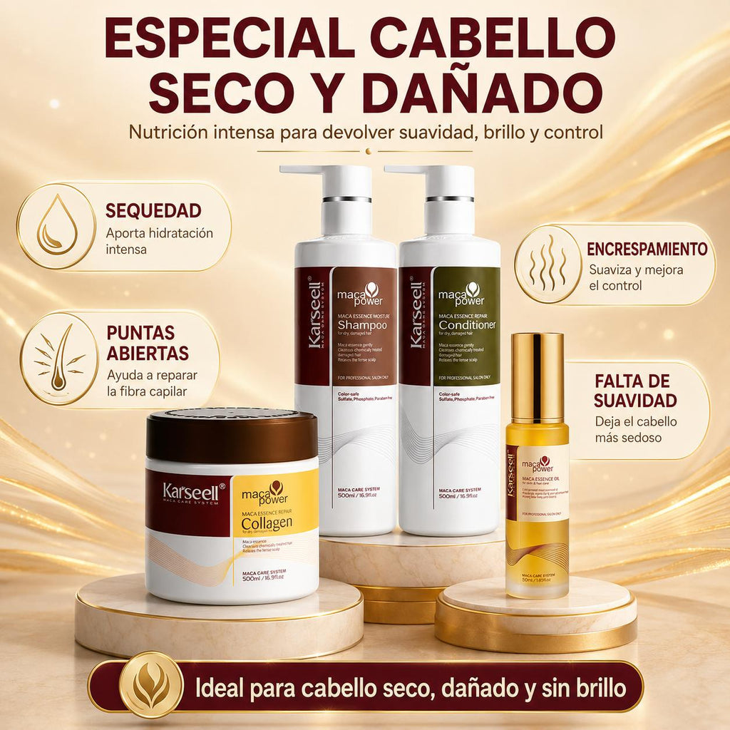 KARSEELL Pack Mascarilla Capilar de Colágeno 500 ml + Sérum de Aceite de Argán 50 ml + Champú Maca 500 ml + Acondicionador Reparador 500 ml