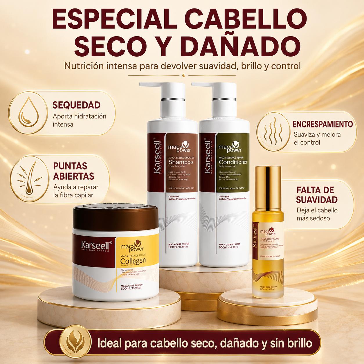 KARSEELL Pack Mascarilla Capilar de Colágeno 500 ml + Sérum de Aceite de Argán 50 ml + Champú Maca 500 ml + Acondicionador Reparador 500 ml