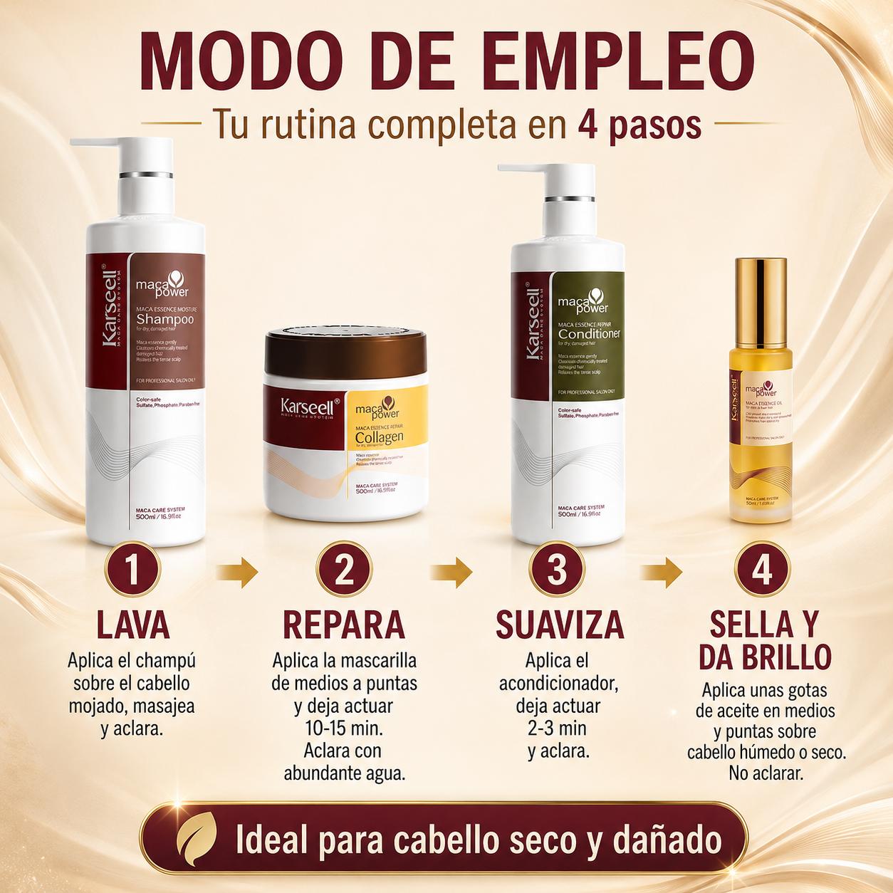 KARSEELL Pack Mascarilla Capilar de Colágeno 500 ml + Sérum de Aceite de Argán 50 ml + Champú Maca 500 ml + Acondicionador Reparador 500 ml