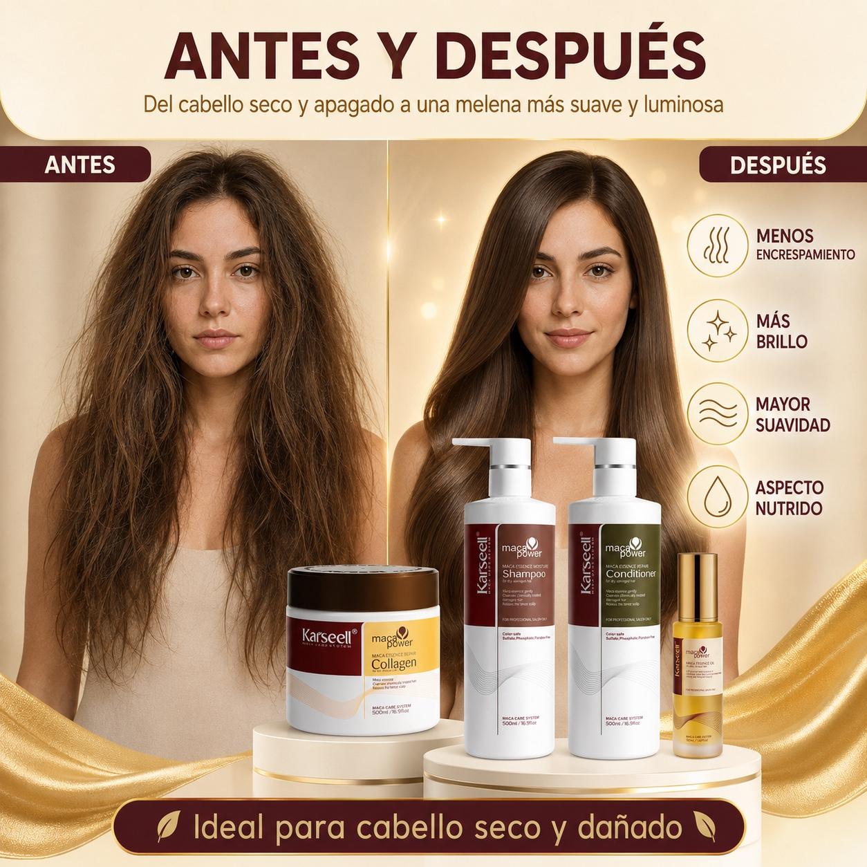 KARSEELL Pack Mascarilla Capilar de Colágeno 500 ml + Sérum de Aceite de Argán 50 ml + Champú Maca 500 ml + Acondicionador Reparador 500 ml