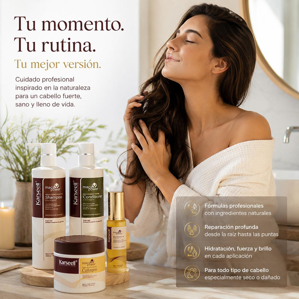 KARSEELL Pack Mascarilla Capilar de Colágeno 500 ml + Sérum de Aceite de Argán 50 ml + Champú Maca 500 ml + Acondicionador Reparador 500 ml