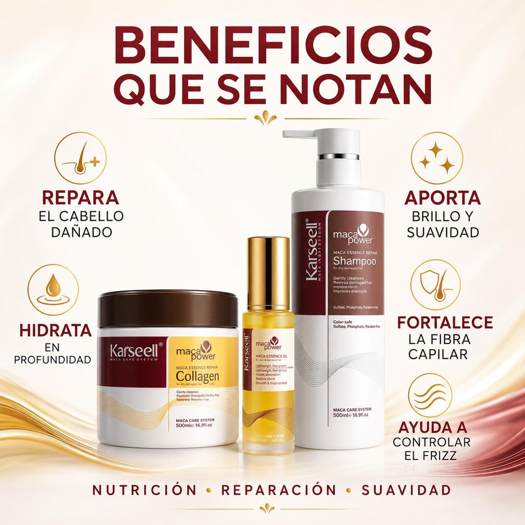 KARSEELL Pack Reparación Capilar: Mascarilla 500 ml + Champú 500 ml + Sérum de Argán 50 ml