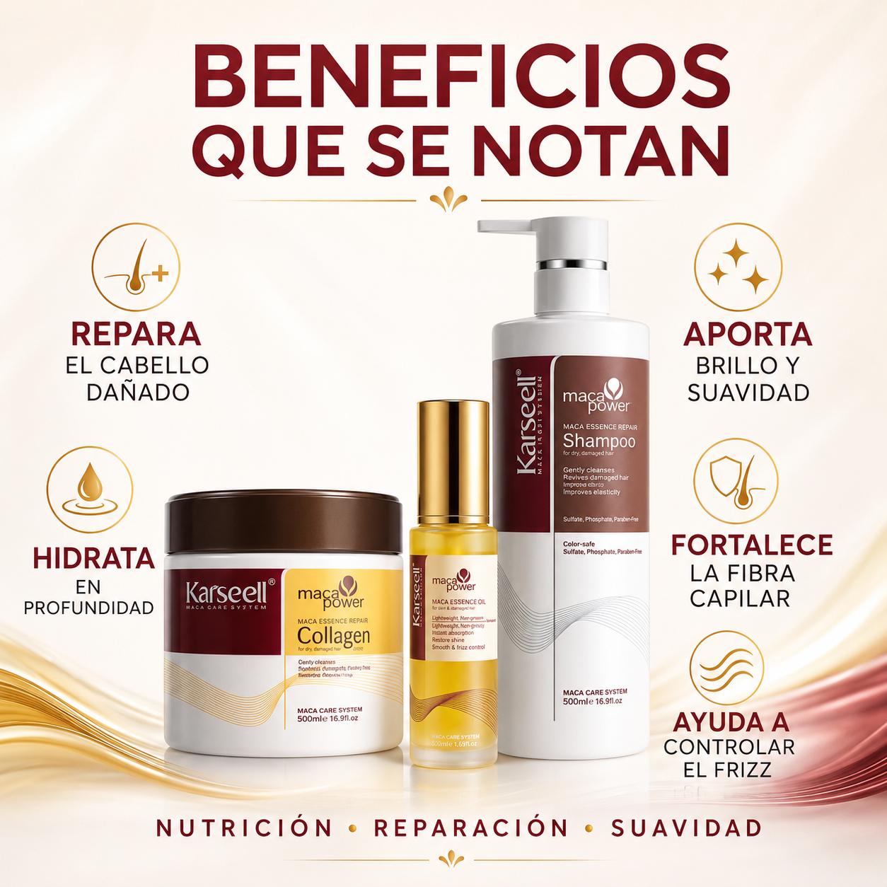 KARSEELL Pack Reparación Capilar: Mascarilla 500 ml + Champú 500 ml + Sérum de Argán 50 ml