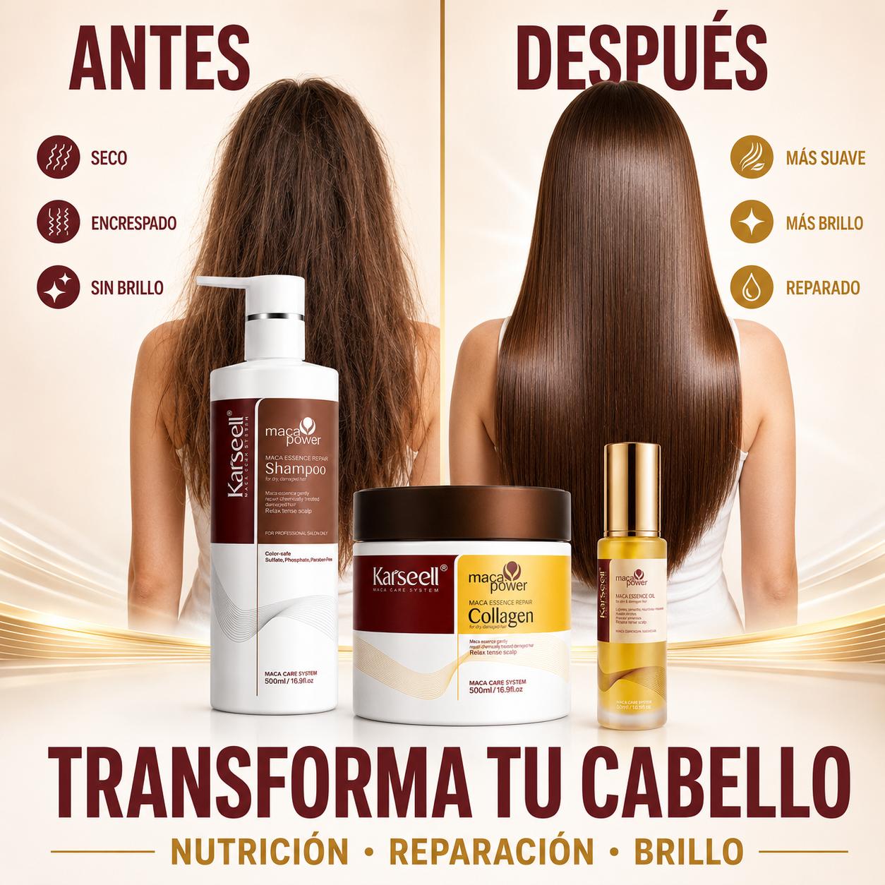 KARSEELL Pack Reparación Capilar: Mascarilla 500 ml + Champú 500 ml + Sérum de Argán 50 ml