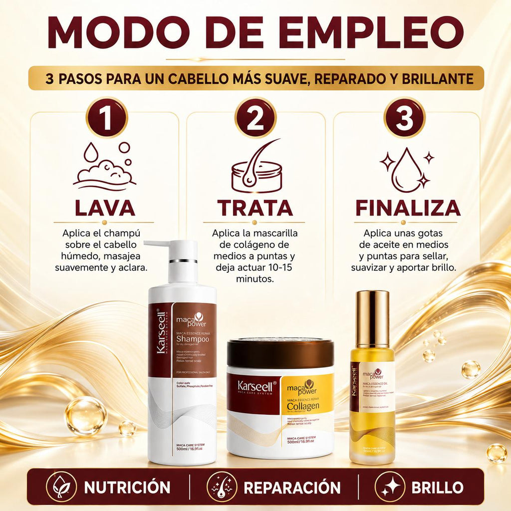 KARSEELL Pack Reparación Capilar: Mascarilla 500 ml + Champú 500 ml + Sérum de Argán 50 ml