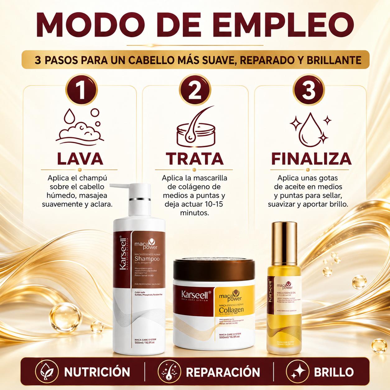 KARSEELL Pack Reparación Capilar: Mascarilla 500 ml + Champú 500 ml + Sérum de Argán 50 ml