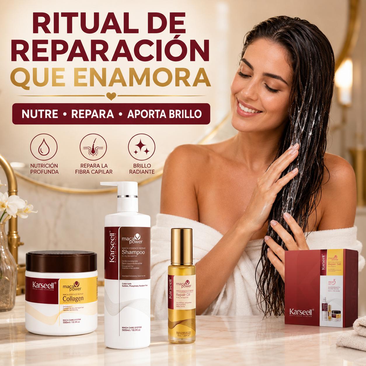 KARSEELL Pack Reparación Capilar: Mascarilla 500 ml + Champú 500 ml + Sérum de Argán 50 ml