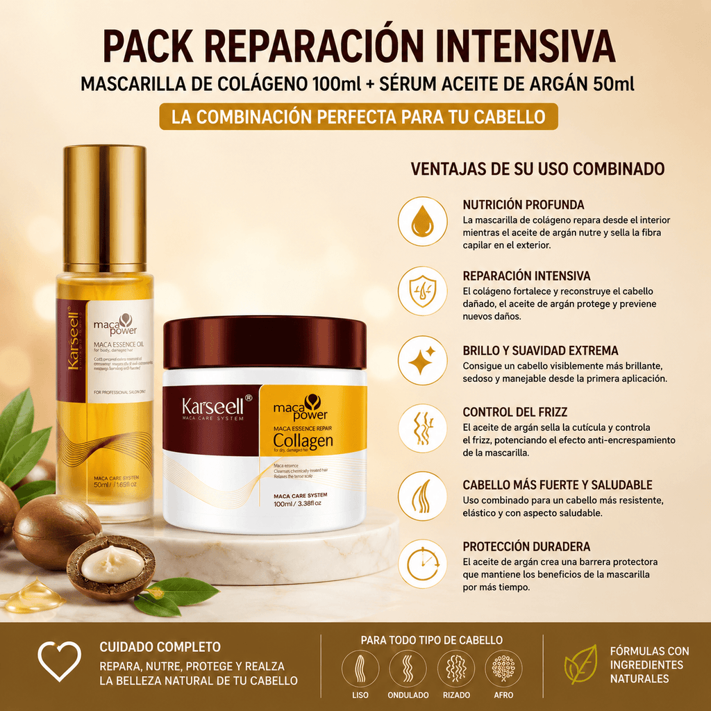 KARSEELL Pack Reparación Capilar Mascarilla de Colágeno 100 ml + Sérum de Aceite de Argán 50 ml