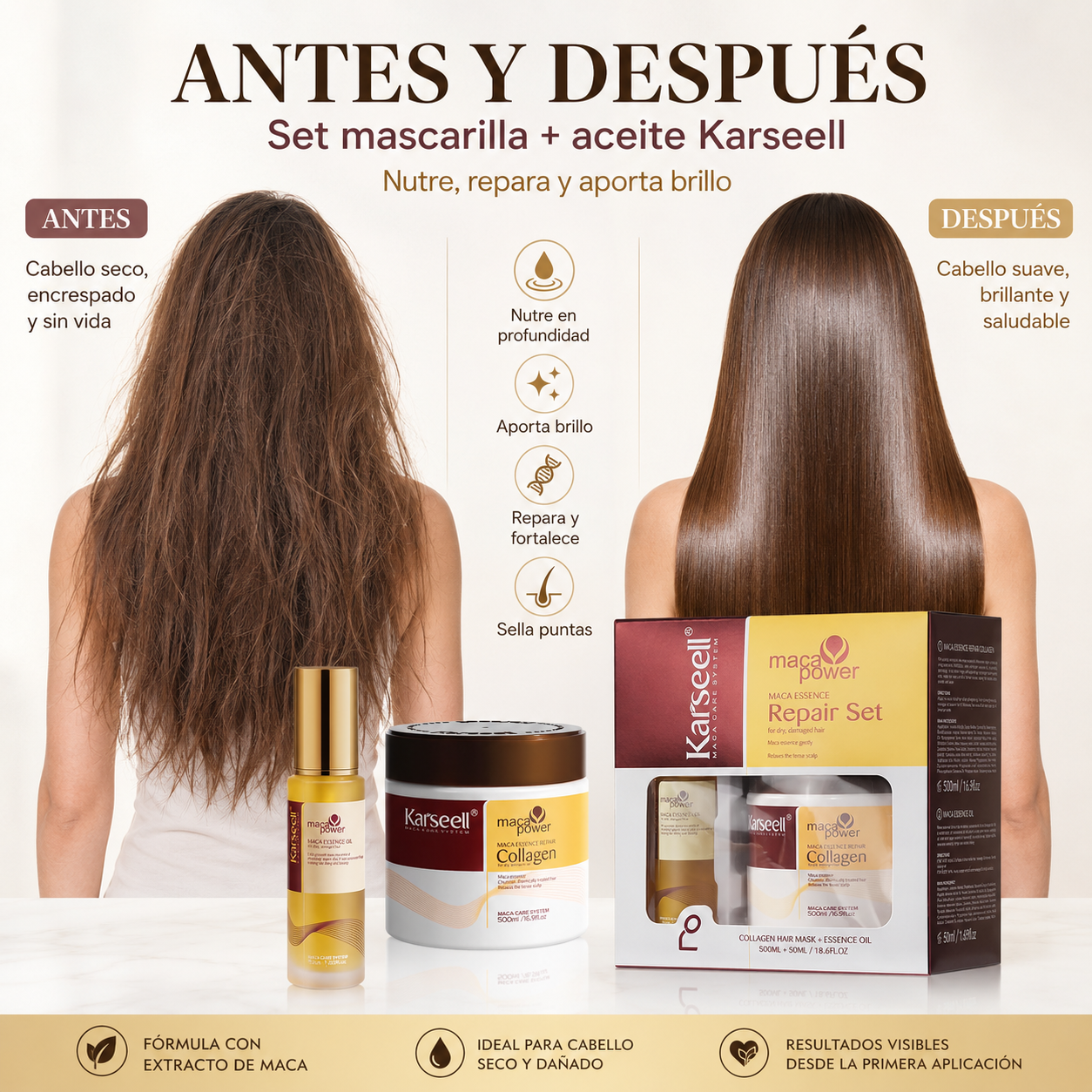 KARSEELL Pack Reparación Mascarilla Capilar de Colágeno 500 ml + Sérum de Aceite de Argán 50 ml