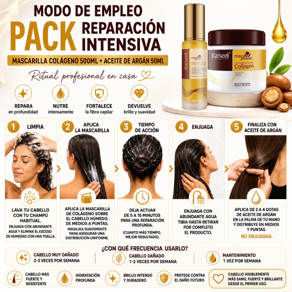 KARSEELL Pack Reparación Mascarilla Capilar de Colágeno 500 ml + Sérum de Aceite de Argán 50 ml